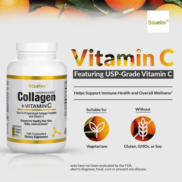 Hydrolyzed Collagen Peptides + Vitamin C, Types I & III Support Healthy Hair, Skin, Nails, Joints & Bones Boosts Immunity - Image 4
