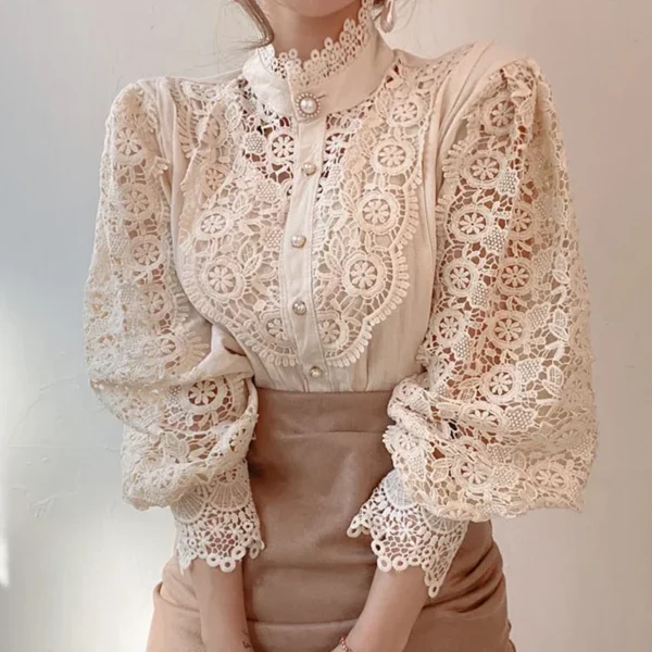 Fashion Women Lace Shirt Elegant Stand Collar Petal Sleeve Blusas Hollow Out All-match Women Office Lace Blouse Flower Femme Top - Image 4