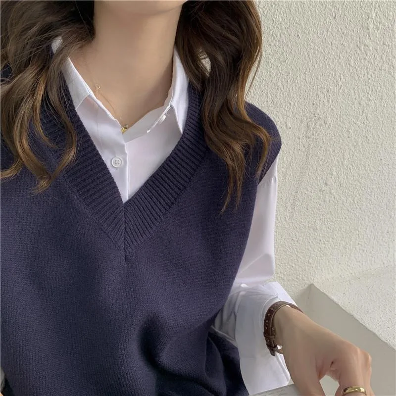 Basic Gray Sweater Vest Women College Style Korean Sleeveless Knitted Vest Spring Autumn Solid Color Casual V-Neck Waistcoat - Image 3