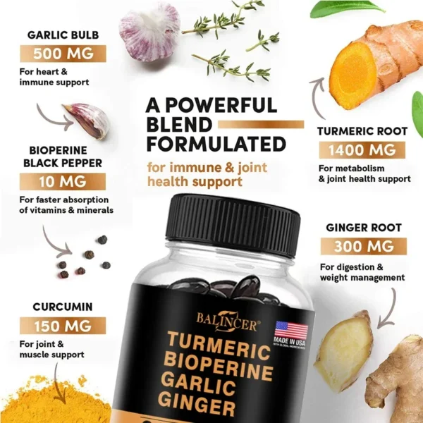 4-in-1 Turmeric Ginger Supplement with Pepperin 2360 Mg with Garlic Curcumin Black Pepper, for Joint, Digestive & Immune Support - Image 4