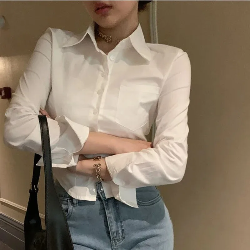 Korean White Office Women Chiffon Shirt Pocket Button Lapel Ladies Blouse Spring Commuter Long Sleeve New Female Crop Tops - Image 3