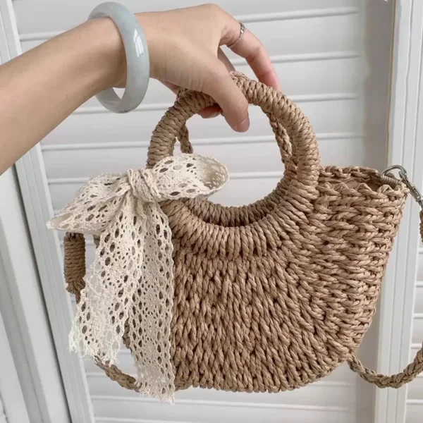 Handwoven Rattan Beach Bag Boho Half-Moon Purse Large HollowOut Tote Summer Crossbody Shoulder Bag Women's Fashion Straw Handbag - Image 2