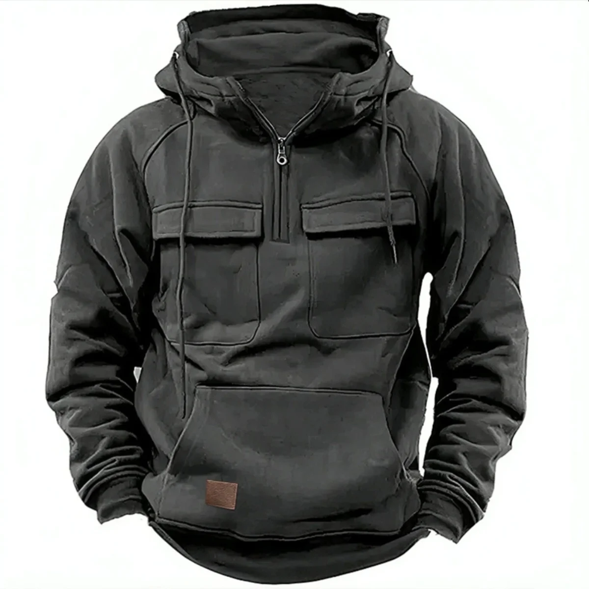 New autumn-winter men's hooded solid-color casual hoodie - fashionable young man's multi-pocket patch hoodie pullover shirt - Image 5