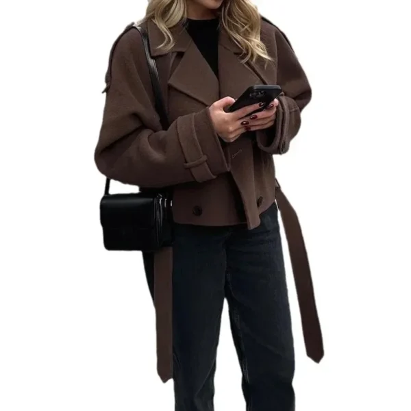 European and American women's clothing big lapel woolen sweater fashion short belt coat jacket - Image 5