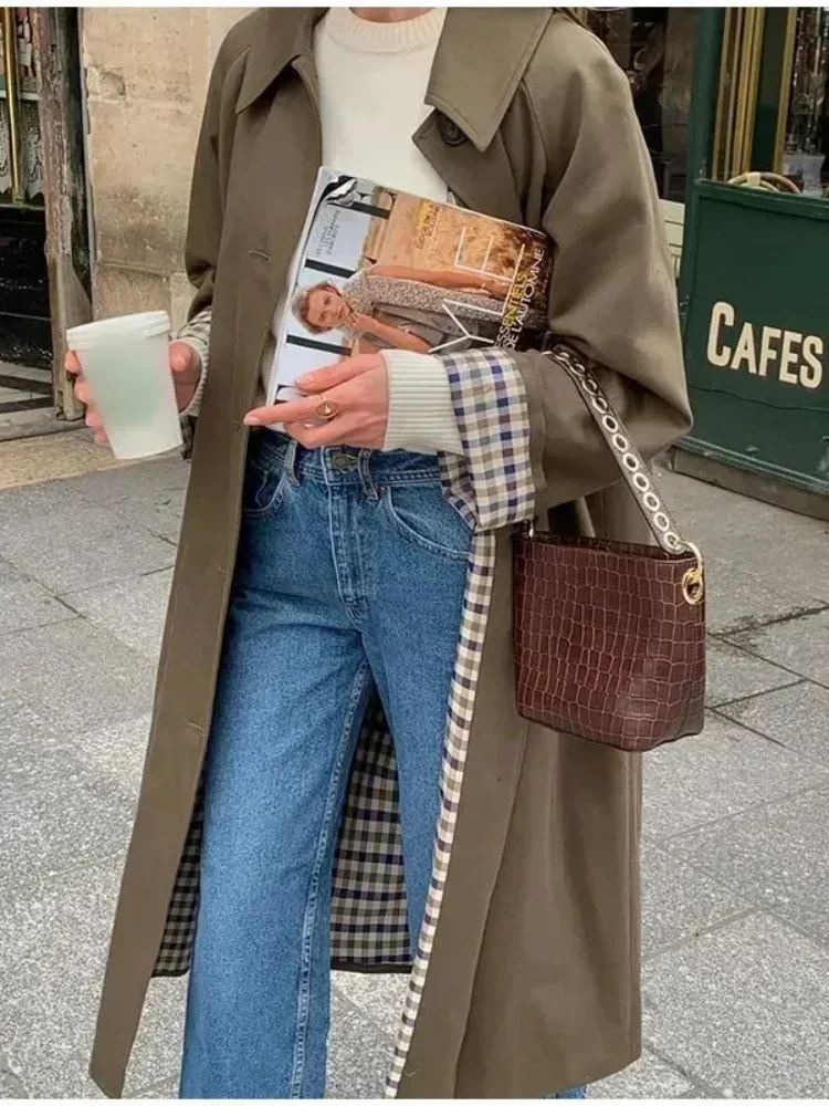 2025 Women Lapel Long Trench Coat Elegant Solid Single Breasted Pocket Loose Windbreaker Autumn Daily Commute Office Outerwears - Image 2