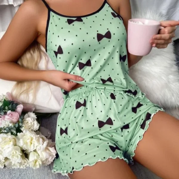 Summer Ladies Sleepwear Set Pink Heart Print round Neck Strap Top Ice Silk Comfortable Short Pants Sexy Sleepwear for Women - Image 3