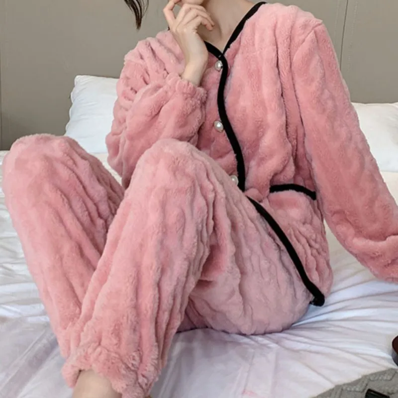 Coral Fleece Women's Spring Autumn New Mid-Thick Plush Flannel Homewear Set - Image 3