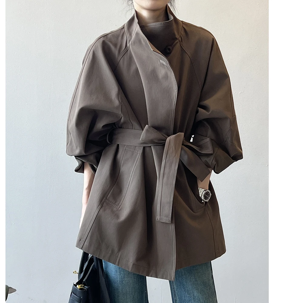 2025 Women Autumn Khaki Trench Coat Stand Collar Women Loose Style Coat With Belt Casaco Feminino New Trench Femme - Image 4