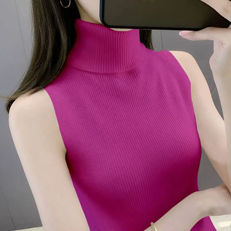 High Necked Knitted Vest Camisole Women Slim Sleeveless Sweater Base Top - Image 2