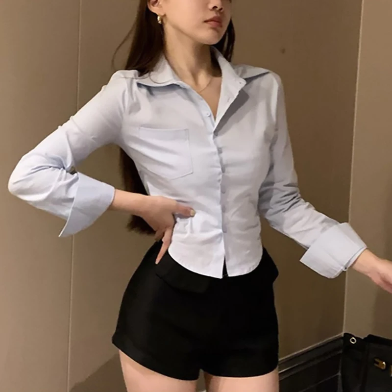 Korean White Office Women Chiffon Shirt Pocket Button Lapel Ladies Blouse Spring Commuter Long Sleeve New Female Crop Tops - Image 4