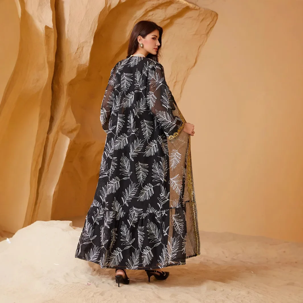 Elegant Muslim Two-Piece Set Gold Embroidered Mesh Patchwork Dubai Summer Fashion Women's Top Quality Material from China - Image 3