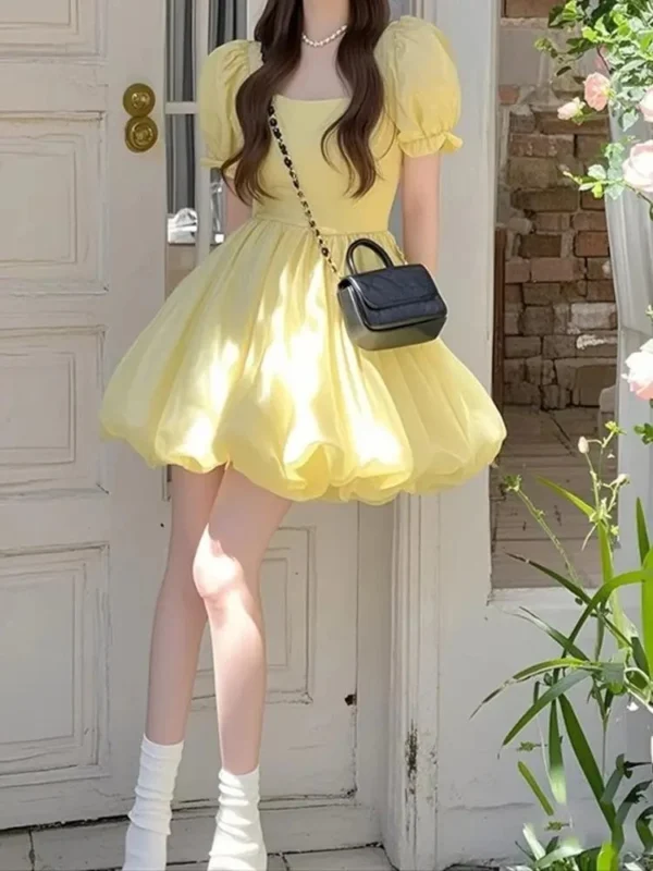 Ezgaga Woman Dress Square Collar Puff Short Sleeve Ruffles 2025 Summer Fashion Elegant Mini Dresses Sweet Female Casual - Image 4