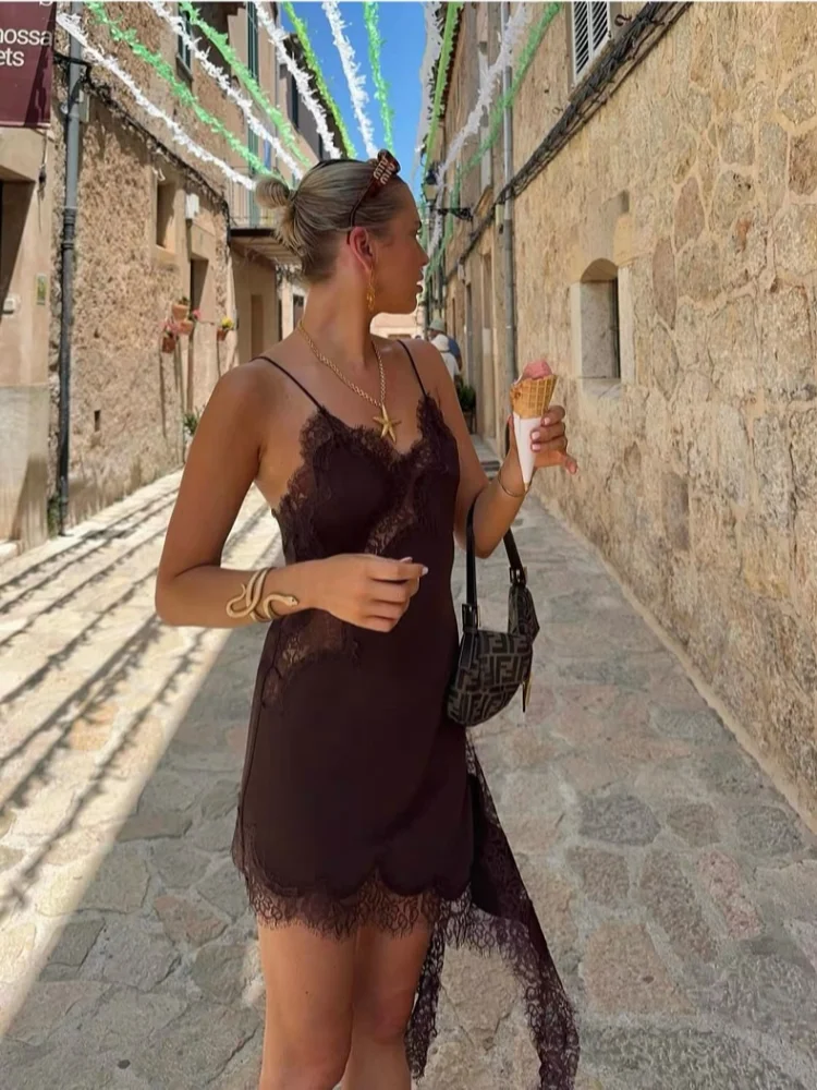 Women's Solid Lace Patchwork Irregular Sling Dress Sexy Sleeveless High Waist Mini Gown Chic 2025 Summer Holiday Party Club Robe