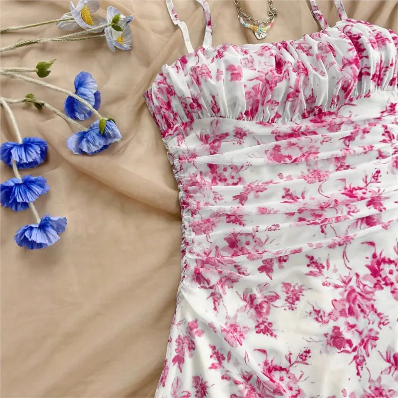 Summer Womens Fashionable Printed Sexy Pleated Dress 2025 Elegant Women's Vacation Style Backless Suspender Beach Mini Vestidos - Image 2