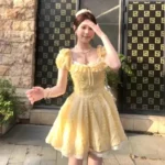 Summer 2025 French Sweet Soft Yellow Square Collar Bubble Sleeve Dress Women's Waist Inward Slimming Fluffy Skirt Dress