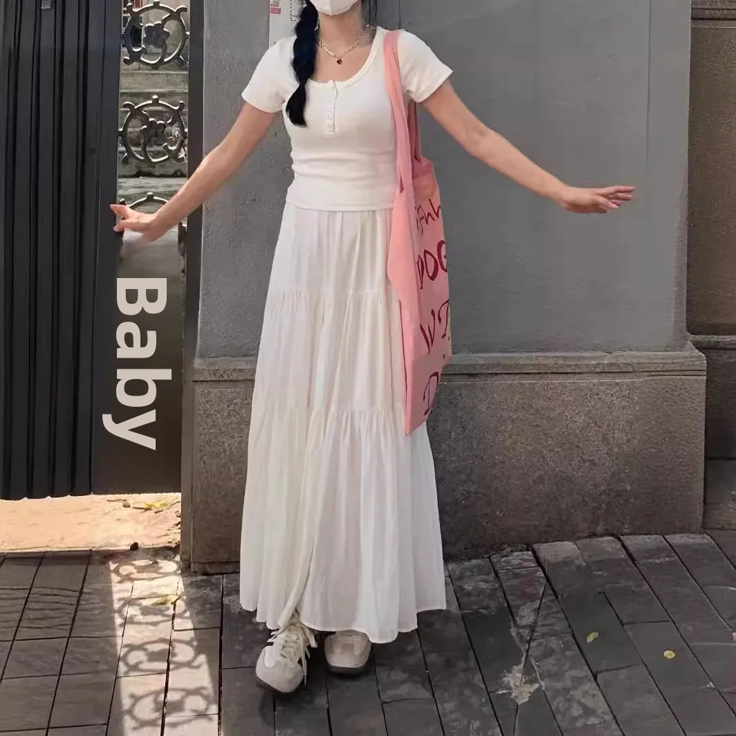 Spring Summer White A- Line Midi Skirt Women's New Splicing Design Half-length Black Polyester Fiber Gown with 3D Decoration - Image 3