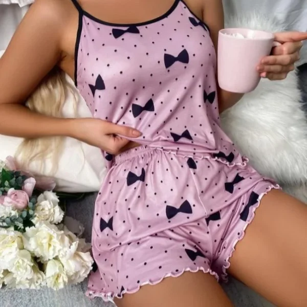 Summer Ladies Sleepwear Set Pink Heart Print round Neck Strap Top Ice Silk Comfortable Short Pants Sexy Sleepwear for Women - Image 4
