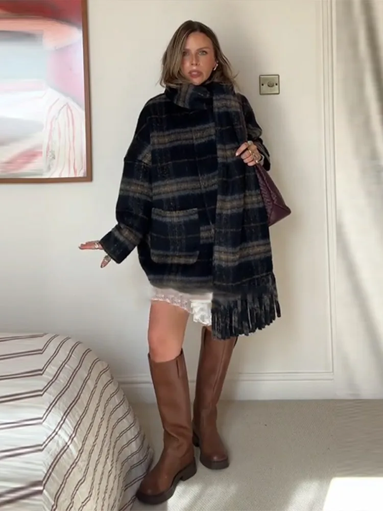 Vintage Outwear For Woman Button Coat Autumn Casual Jacket Y2K Style Plaid Crew Neck Tops Fringe Scarf Knitwear Women's Clothes - Image 4