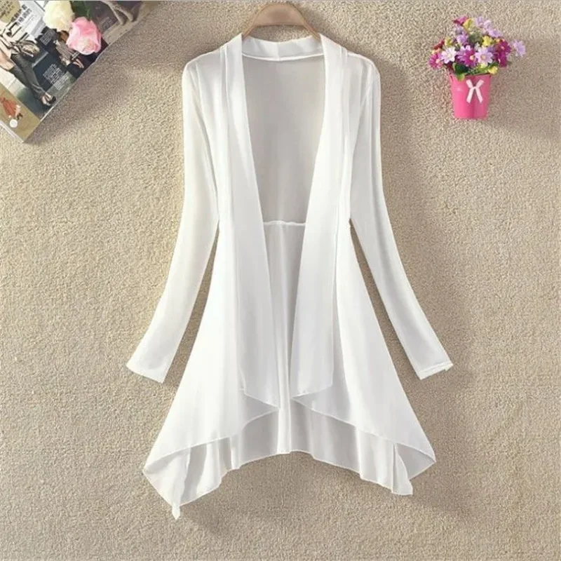 Spring Summer Thin Mid-Long Chiffon Blouses Women 2026 New Fashion Loose Casual Tops Sunscreen Shirt Printing White Female - Image 5