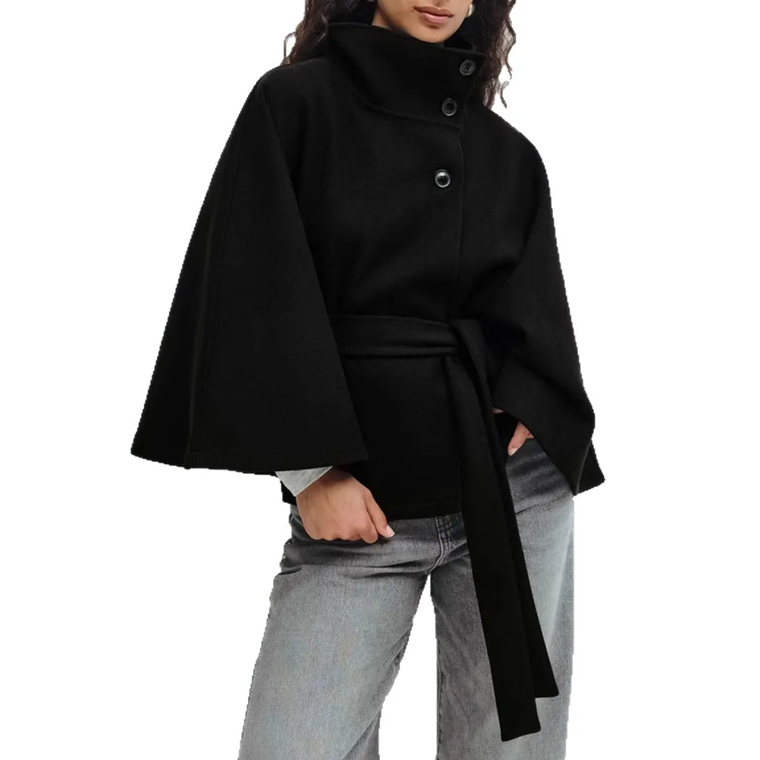 Trench Women Coats Stand Collar Cape Coat Zipper Button Lace Up Loose Jackets Y2k Streetwear Elegant Lady Jacket Autumn - Image 5