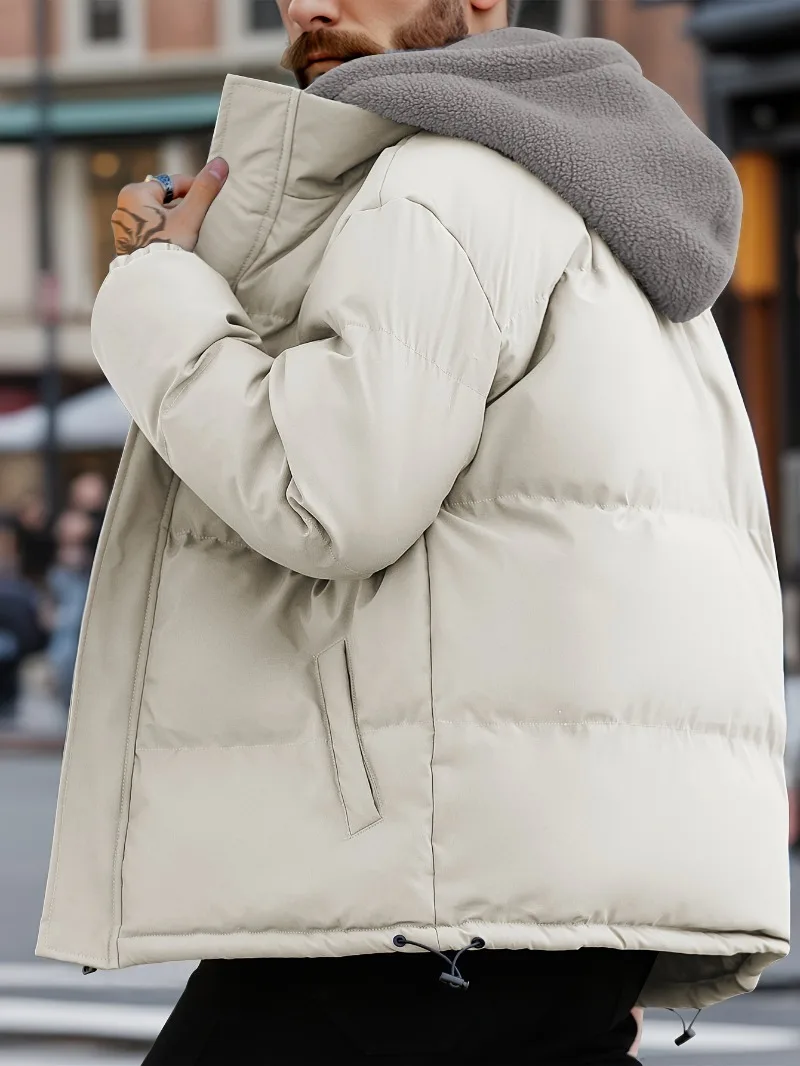 Winter Windproof Men's Faux Jacket Casual Polyester Coat with Detachable Hood Zip-Up Front Long Sleeves & Pockets Winter Clothes - Image 2
