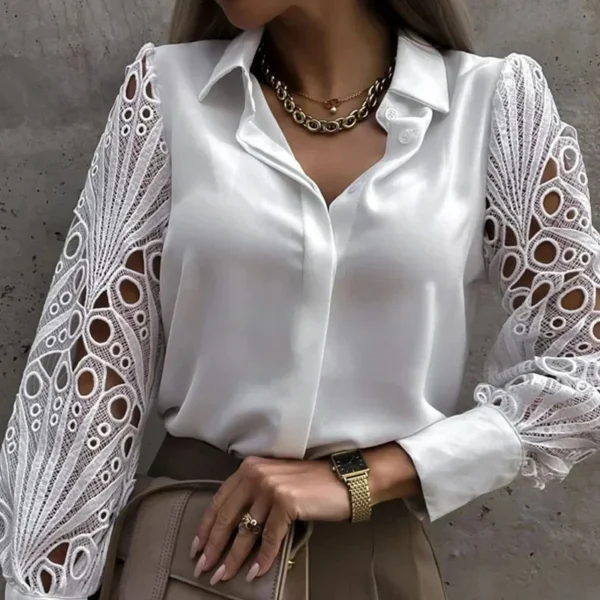 Women's Blouse White blank Elegant V-neck Lace Sleeve Cut-out Patchwork Office Commuter Black Shirt For Female - Image 4