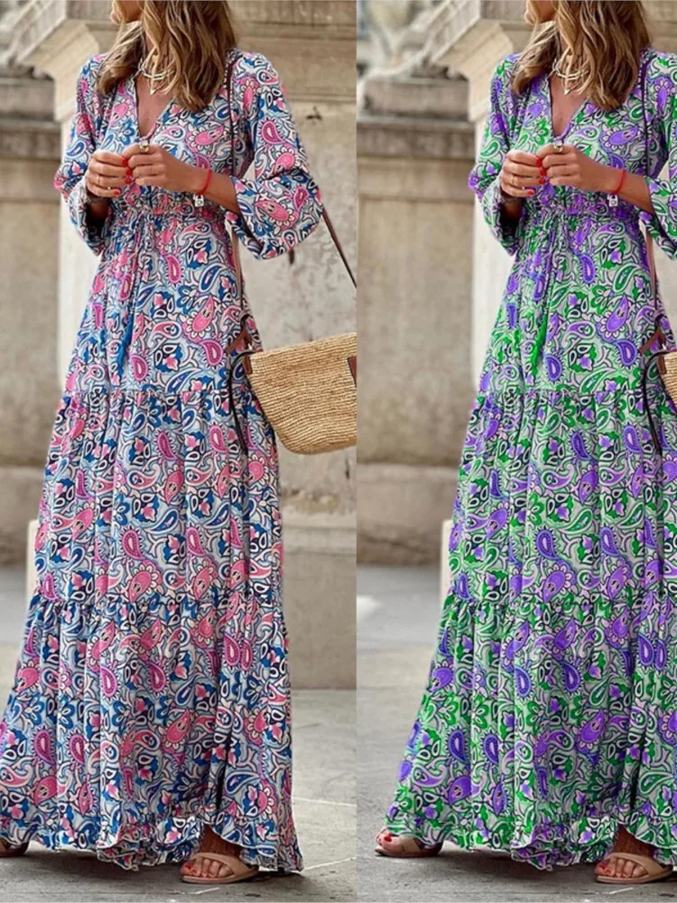 Women's Autumn New Fashionable Printed Sexy V-neck Long Sleeve High Waist Elastic Waist Medium Length Bohemian Dress - Image 6