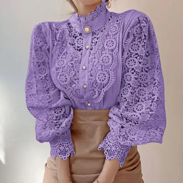 Fashion Women Lace Shirt Elegant Stand Collar Petal Sleeve Blusas Hollow Out All-match Women Office Lace Blouse Flower Femme Top - Image 6