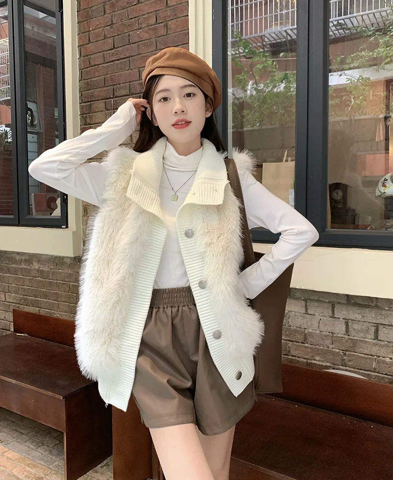Women Faux Mink Fur Vest Coat Knitted Spliced Vests Solid Stand Collar Single Breasted Straight Thick ElegantCasual 2025 Winter - Image 6