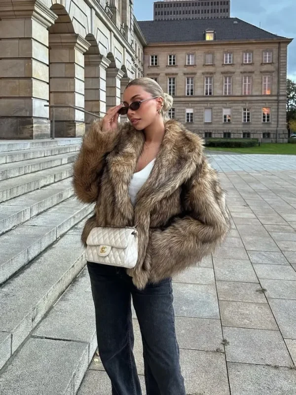 Women Casual Long Sleeved Fur Coat V-neck Loose Short Jackets 2025 Winter Lady Fashion New Style Daily Highstreet Outerwears - Image 2