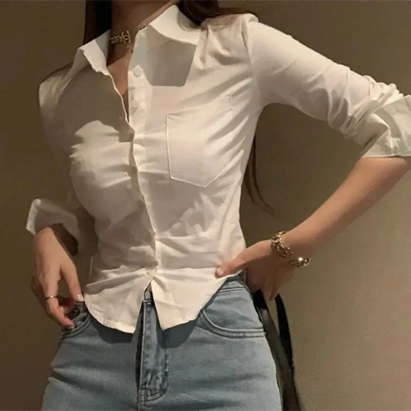 Korean White Office Women Chiffon Shirt Pocket Button Lapel Ladies Blouse Spring Commuter Long Sleeve New Female Crop Tops - Image 2