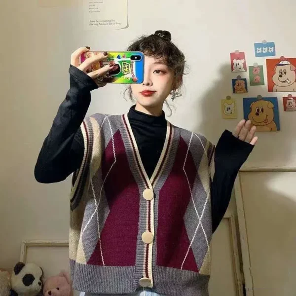 Autumn/winter Korean Knitted Cardigan Vest Casual Loose Outer Vest Retro Diamond Pattern Knitted Tops Sweet Sleeveless Knitwear - Image 4
