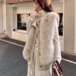 Women Faux Mink Fur Vest Coat Knitted Spliced Vests Solid Stand Collar Single Breasted Straight Thick ElegantCasual 2025 Winter