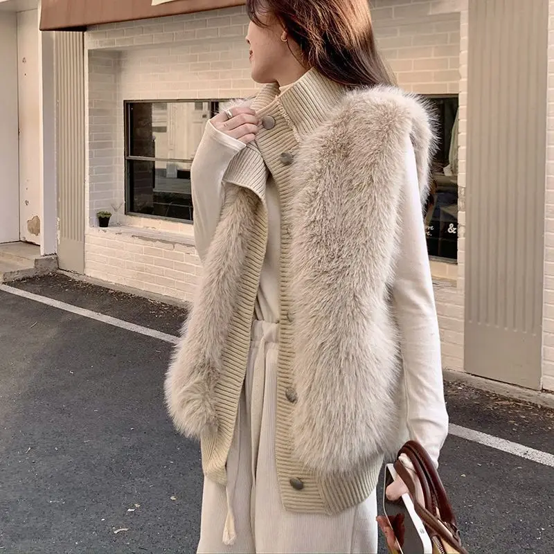 Women Faux Mink Fur Vest Coat Knitted Spliced Vests Solid Stand Collar Single Breasted Straight Thick ElegantCasual 2025 Winter
