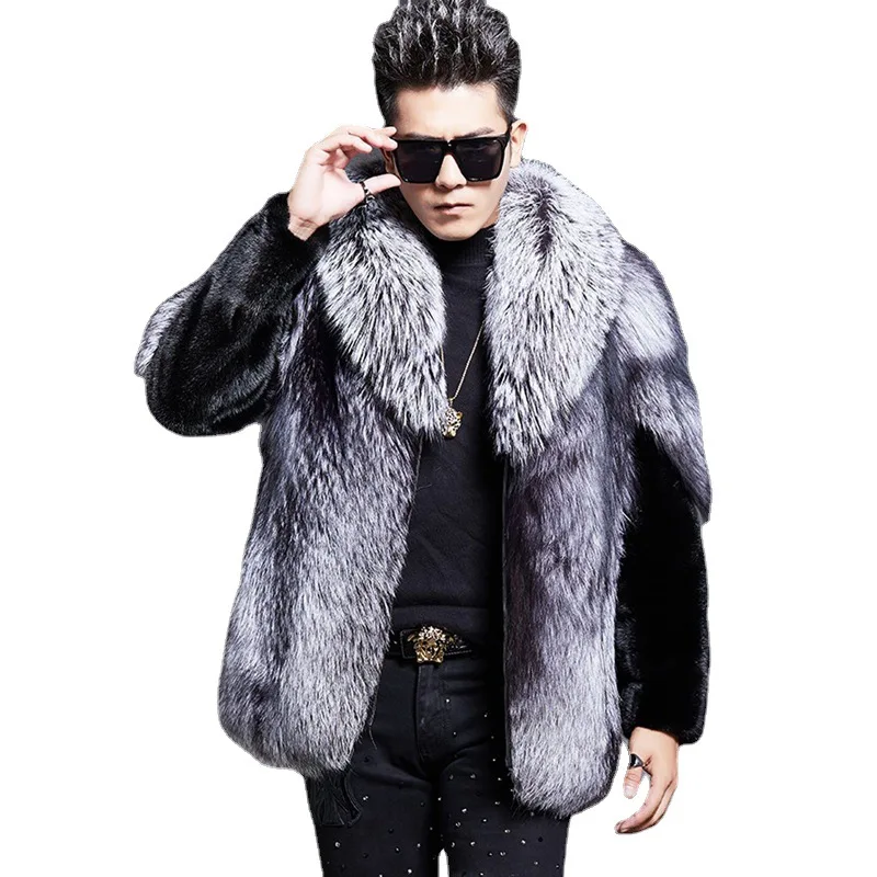 S-6XL Size Fashion Men Jacket Thick Windproof Imitation Mink Fur Outerwear Male Winter Coat Super Warm Casual Long Parkas Silver