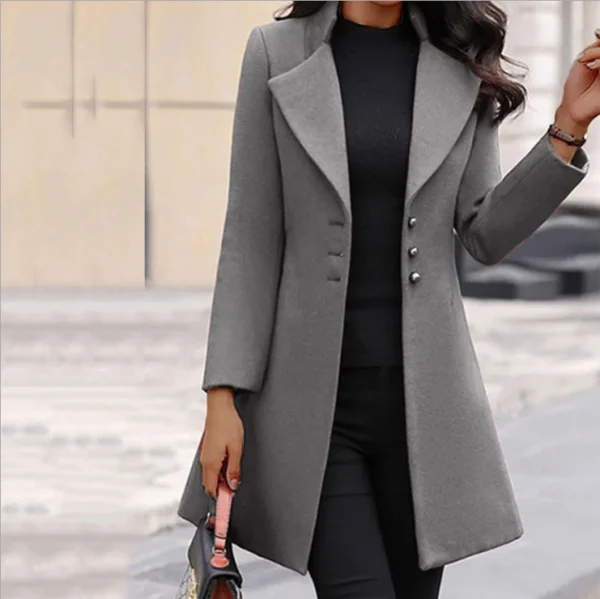 European and American autumn and winter coat Korean solid color slim mid-length button woolen coat - Image 4