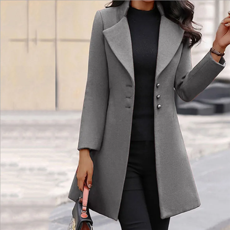 European and American autumn and winter coat Korean solid color slim mid-length button woolen coat - Image 4