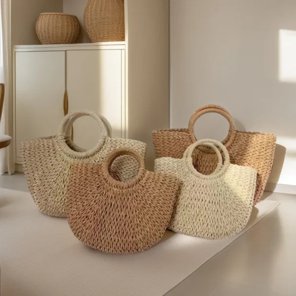 Handwoven Rattan Beach Bag Boho Half-Moon Purse Large HollowOut Tote Summer Crossbody Shoulder Bag Women's Fashion Straw Handbag - Image 4