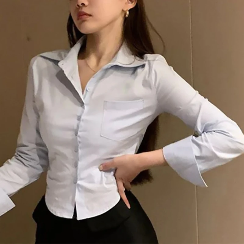 Korean White Office Women Chiffon Shirt Pocket Button Lapel Ladies Blouse Spring Commuter Long Sleeve New Female Crop Tops - Image 6