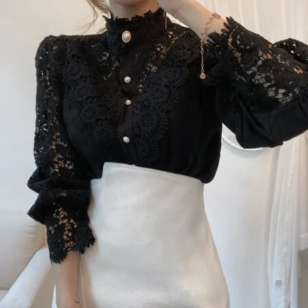 Fashion Women Lace Shirt Elegant Stand Collar Petal Sleeve Blusas Hollow Out All-match Women Office Lace Blouse Flower Femme Top - Image 2