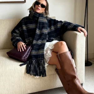 Vintage Outwear For Woman Button Coat Autumn Casual Jacket Y2K Style Plaid Crew Neck Tops Fringe Scarf Knitwear Women's Clothes