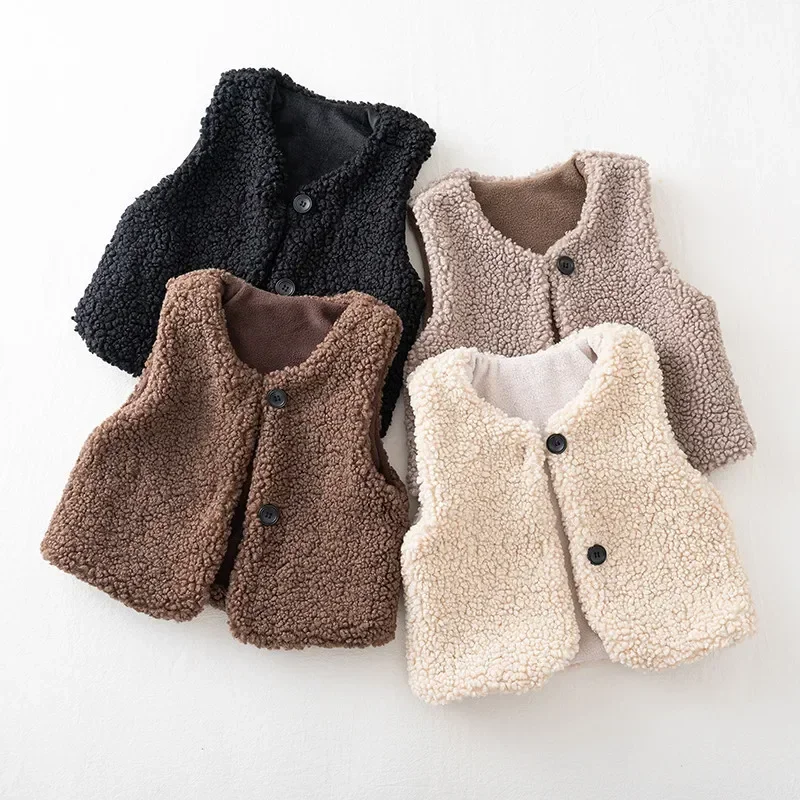 Autumn Winter Baby Lamb Wool Plus Velvet Waistcoat Girls Boys Plush Vest Single Breasted V Neck Child Warm Fashion Warm Coat - Image 2