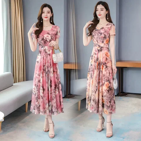 Fashionable V-neck Ice Silk Printed Dress Slimming Knee-length Ultra-long Korean Style Spring Summer New Arrival Dress