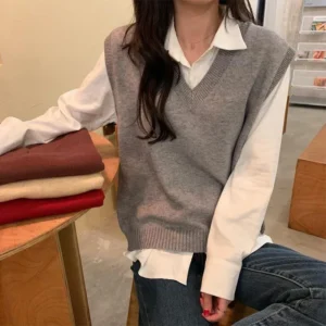 Basic Gray Sweater Vest Women College Style Korean Sleeveless Knitted Vest Spring Autumn Solid Color Casual V-Neck Waistcoat