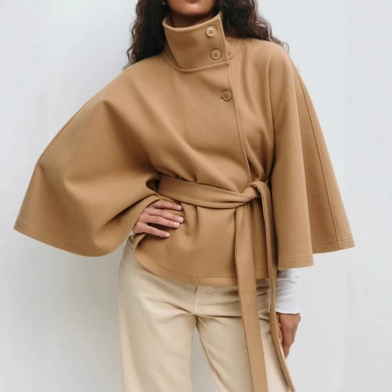 Trench Women Coats Stand Collar Cape Coat Zipper Button Lace Up Loose Jackets Y2k Streetwear Elegant Lady Jacket Autumn