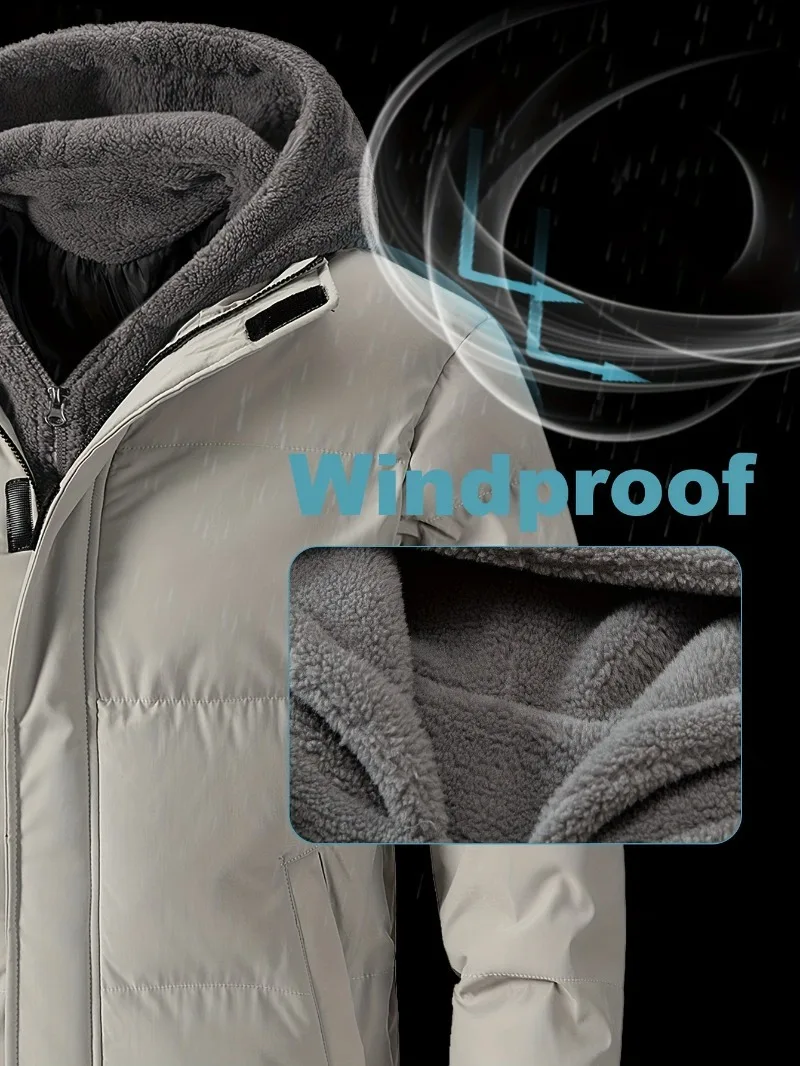 Winter Windproof Men's Faux Jacket Casual Polyester Coat with Detachable Hood Zip-Up Front Long Sleeves & Pockets Winter Clothes - Image 6