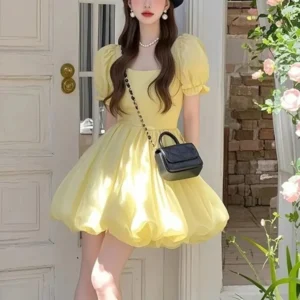Ezgaga Woman Dress Square Collar Puff Short Sleeve Ruffles 2025 Summer Fashion Elegant Mini Dresses Sweet Female Casual