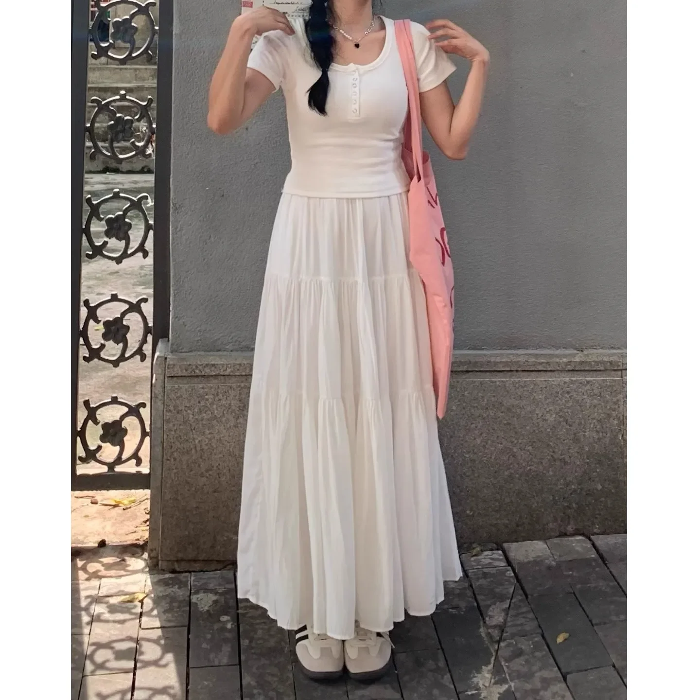 Spring Summer White A- Line Midi Skirt Women's New Splicing Design Half-length Black Polyester Fiber Gown with 3D Decoration - Image 2