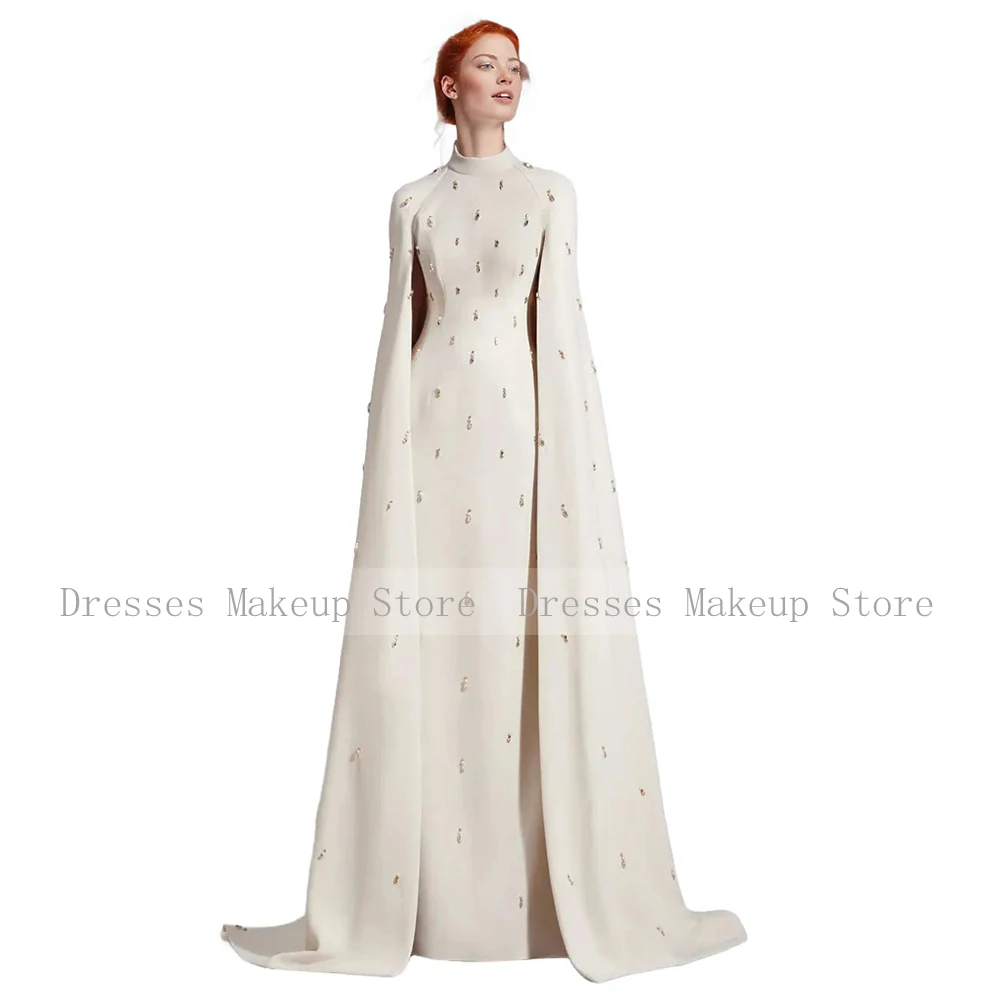 Luxury Formal Evening Dress Ivory Cape A Line High Collar Beading Wedding Party Dresses Long Elegant Women's Evening Gowns 2025 - Image 4