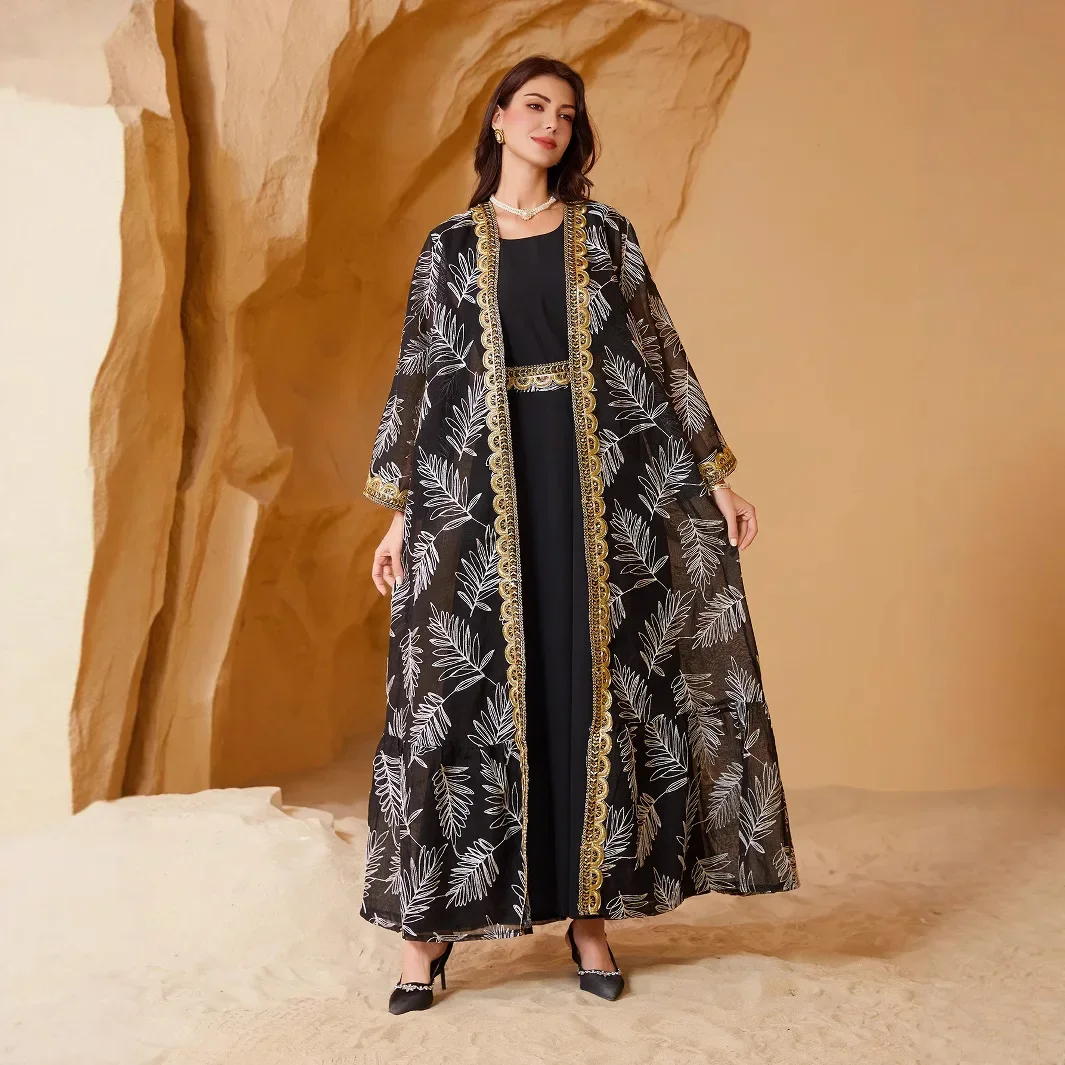Elegant Muslim Two-Piece Set Gold Embroidered Mesh Patchwork Dubai Summer Fashion Women's Top Quality Material from China - Image 2